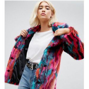 ASOS Faux Fur Midi Coat in Bright Jacquard
